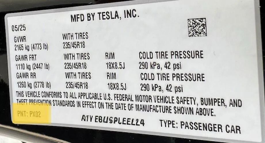 Tesla factory paint code label showing the paint code location