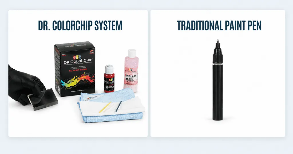 Dr. ColorChip repair system compared side by side with a traditional automotive paint pen