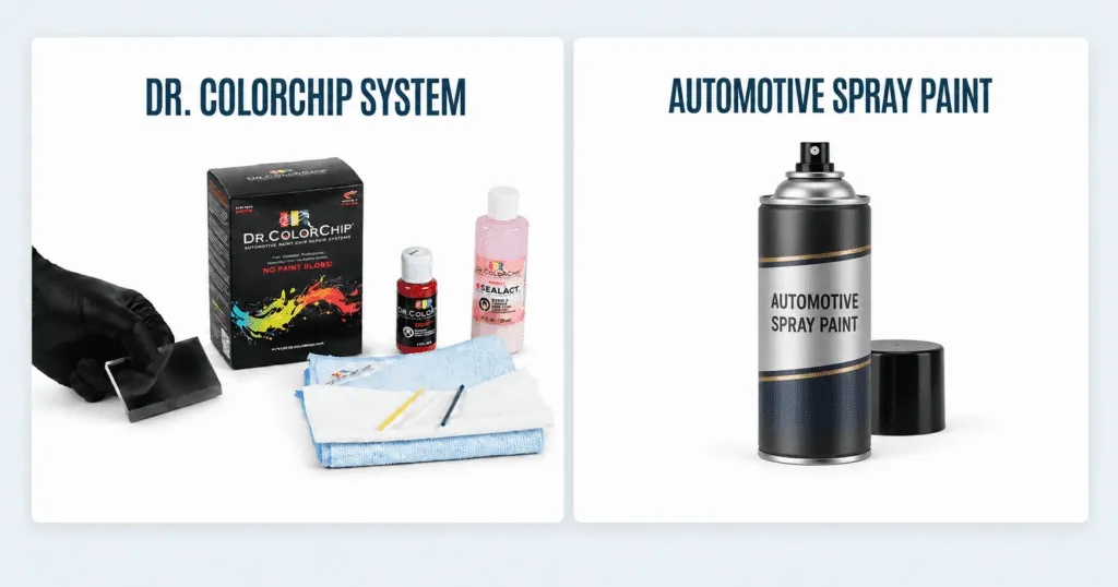 Dr. ColorChip repair system compared side by side with automotive spray paint