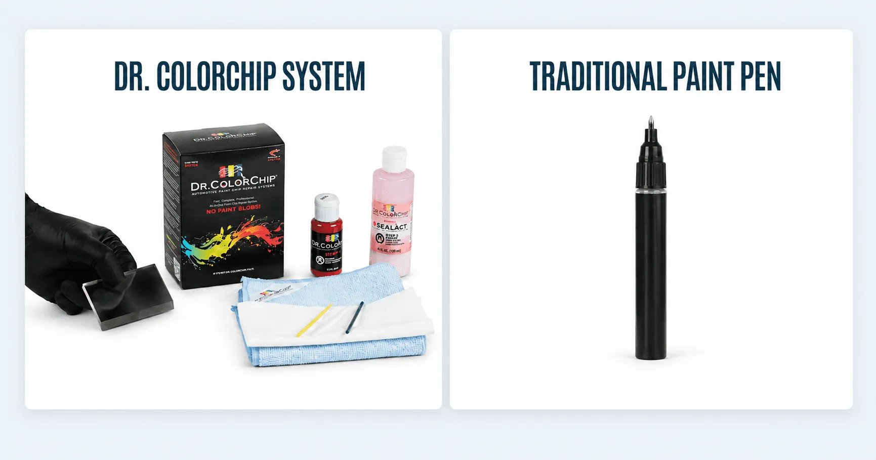 Dr. ColorChip paint chip repair system compared with a traditional automotive paint pen