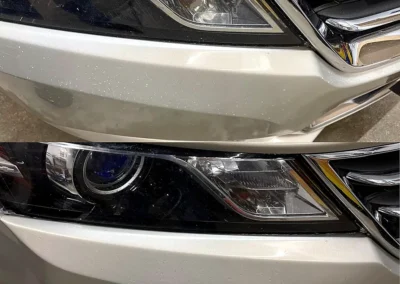 Before and after repair of many rock chips on a champagne-silver bumper using Dr. ColorChip.