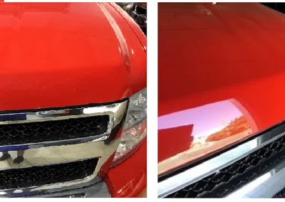 Before and after repair of rock chips on a Victory Red Chevy Silverado hood using Dr. ColorChip.