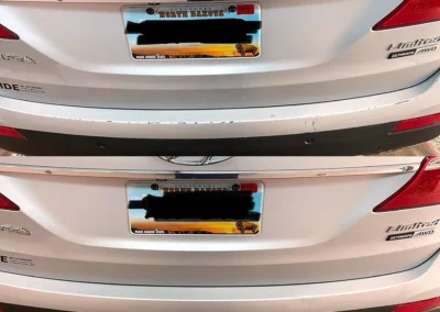 Before and after repair of scratches on a Hyundai Santa Fe rear bumper using Dr. ColorChip.