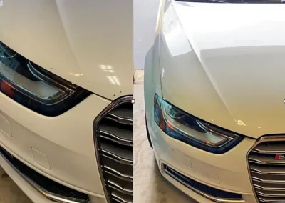 Before and after repair of paint chips on a white Audi S4 front bumper and hood using Dr. ColorChip.