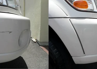 Before and after repair of a pearl-white front bumper scuff using Dr. ColorChip.