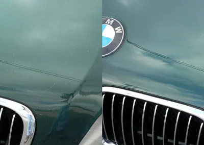 Before and after repair of paint chips on a green BMW hood using Dr. ColorChip.