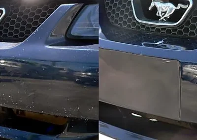 Before and after repair of paint chips on a blue Ford Mustang front bumper using Dr. ColorChip.