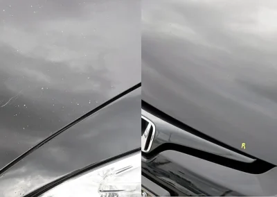 Before and after repair of road rash and paint chips on a black Honda hood using Dr. ColorChip.