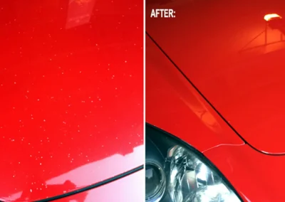 Before and after repair of hundreds of chips on a red Honda S2000 hood using Dr. ColorChip.