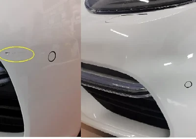 Before and after repair of a scratch on a white Porsche bumper using Dr. ColorChip.