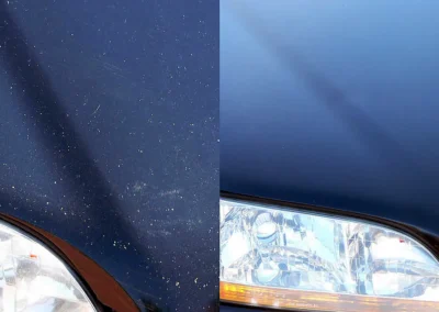 Before and after repair of severe road rash on a dark-blue Honda hood using Dr. ColorChip.
