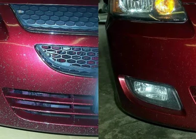 Before and after repair of severe road rash on a burgundy front bumper using Dr. ColorChip.