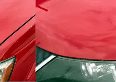 Before and after repair of stone chips on a red Mitsubishi hood using Dr. ColorChip.
