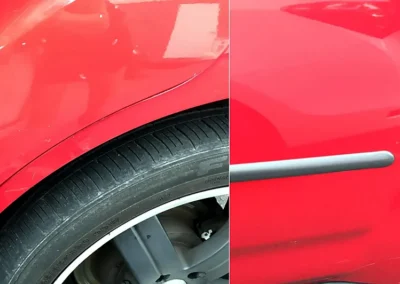 Before and after repair of many stone chips on a red Mitsubishi fender using Dr. ColorChip.