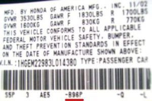 Honda Civic factory paint code label example