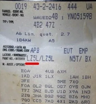 Audi paint code label showing factory paint code location on vehicle information sticker