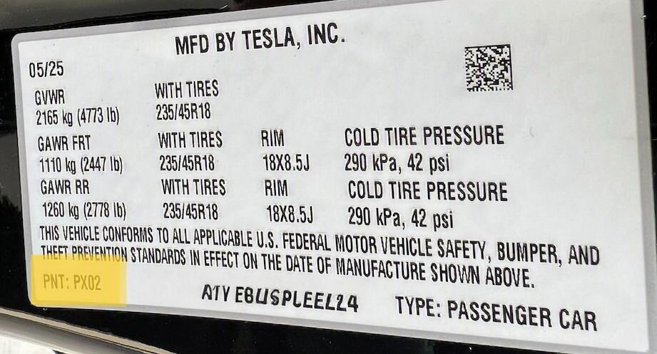 Tesla paint code label example
