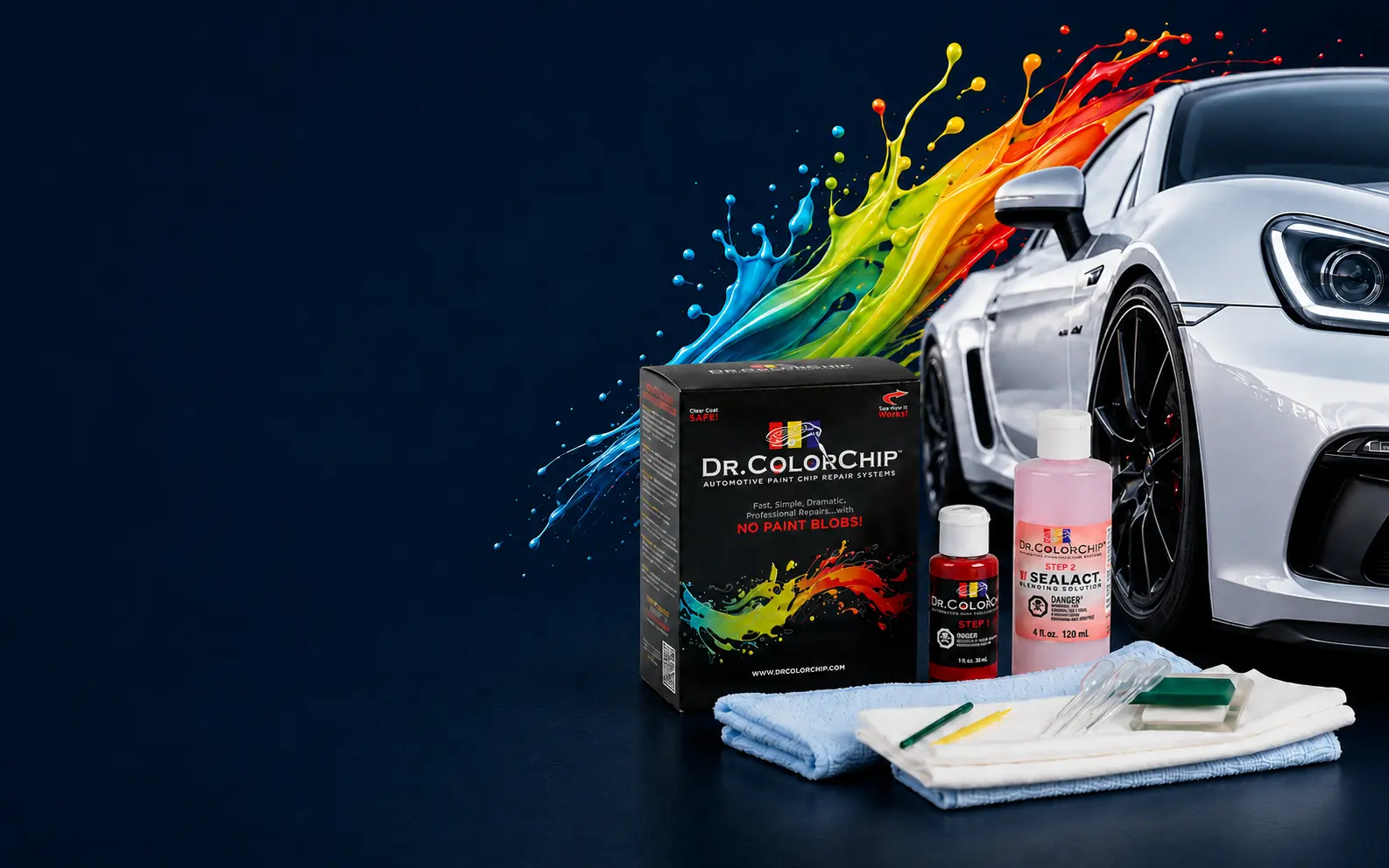Dr. ColorChip Squirt 'n Squeegee Plus kit beside a professionally repaired white vehicle